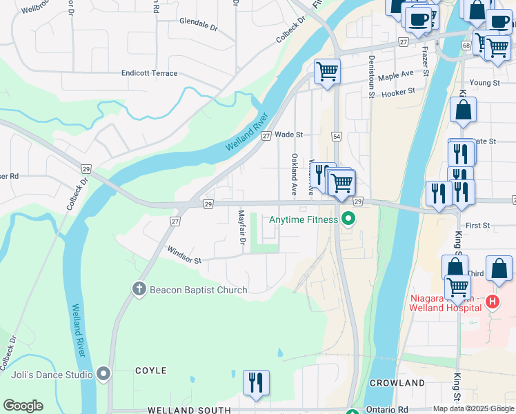map of restaurants, bars, coffee shops, grocery stores, and more near in Welland