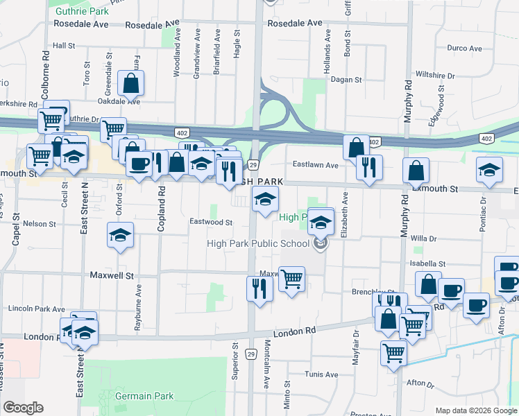 map of restaurants, bars, coffee shops, grocery stores, and more near 778 Indian Road North in Sarnia