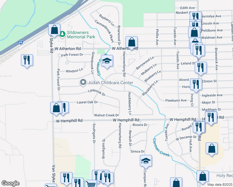 map of restaurants, bars, coffee shops, grocery stores, and more near 4402 Greenbrook Lane in Flint