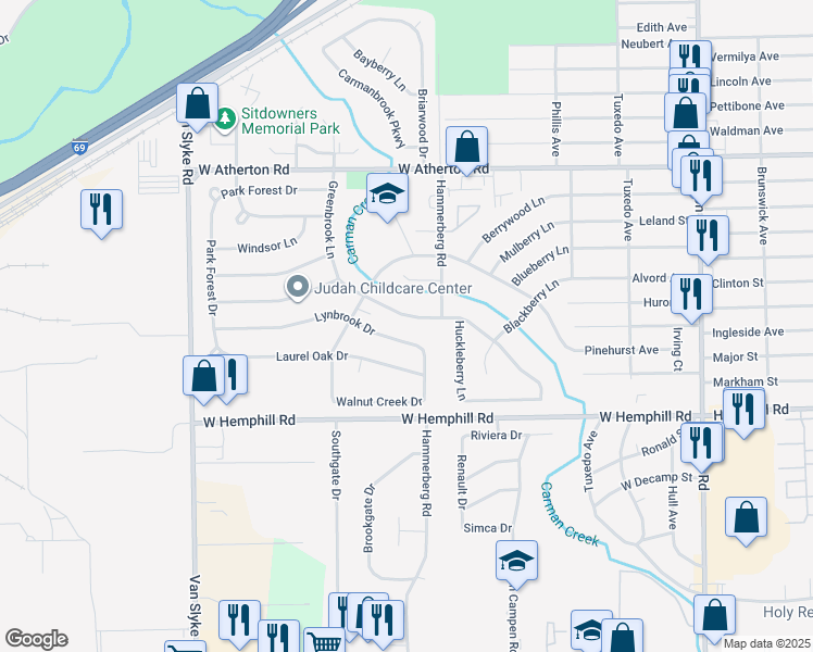 map of restaurants, bars, coffee shops, grocery stores, and more near 4402 Greenbrook Lane in Flint