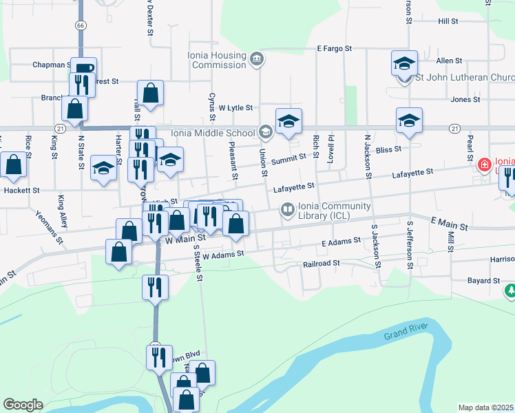 map of restaurants, bars, coffee shops, grocery stores, and more near 227 Union Street in Ionia