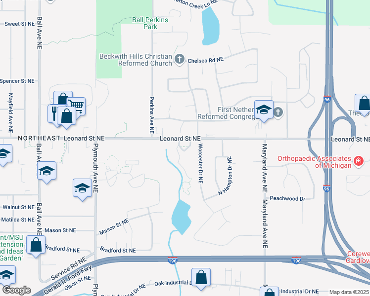 map of restaurants, bars, coffee shops, grocery stores, and more near 2100 Leonard Street Northeast in Grand Rapids