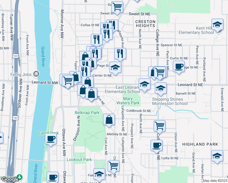 map of restaurants, bars, coffee shops, grocery stores, and more near 223 Barnett Street Northeast in Grand Rapids