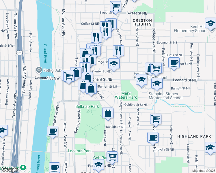 map of restaurants, bars, coffee shops, grocery stores, and more near 223 Barnett Street Northeast in Grand Rapids