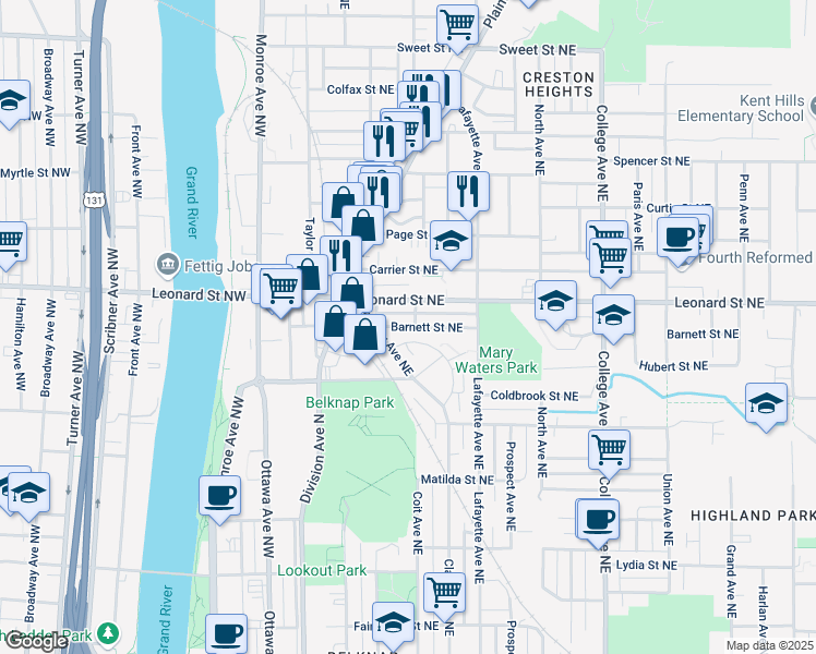 map of restaurants, bars, coffee shops, grocery stores, and more near 127 Barnett Street Northeast in Grand Rapids