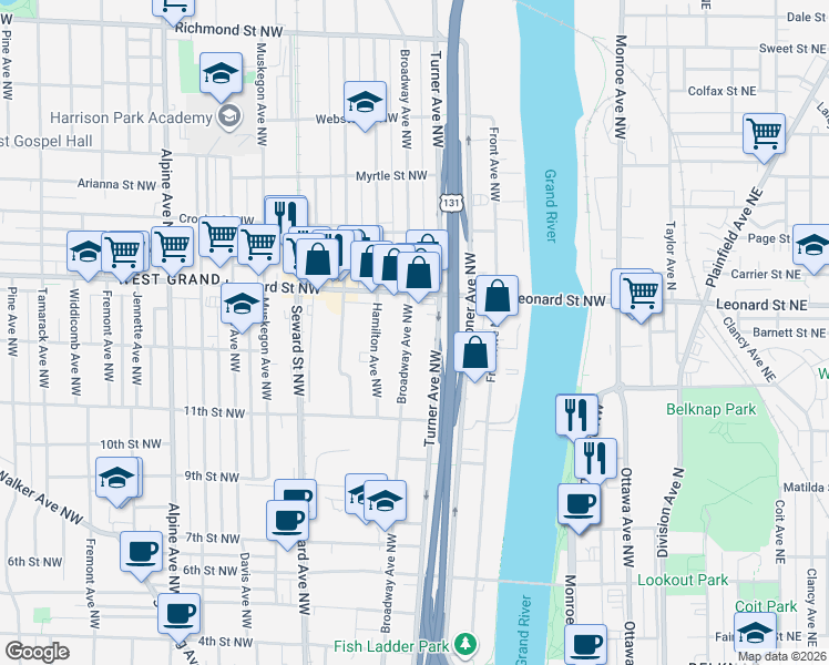 map of restaurants, bars, coffee shops, grocery stores, and more near 1126 Broadway Avenue Northwest in Grand Rapids