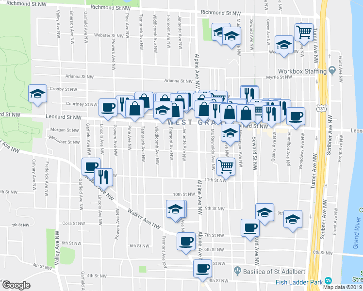 map of restaurants, bars, coffee shops, grocery stores, and more near 1116 Jennette Avenue Northwest in Grand Rapids