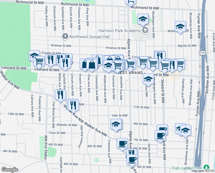 map of restaurants, bars, coffee shops, grocery stores, and more near 1115 Widdicomb Avenue Northwest in Grand Rapids