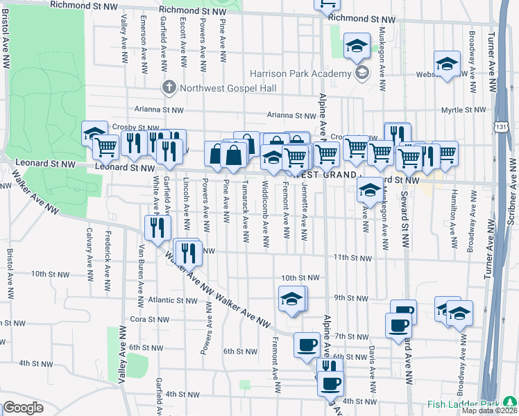 map of restaurants, bars, coffee shops, grocery stores, and more near 1115 Widdicomb Avenue Northwest in Grand Rapids