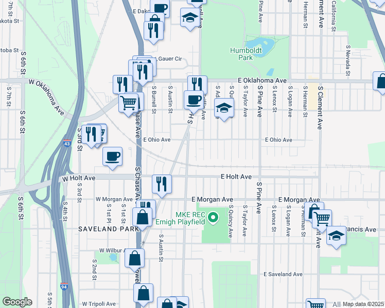 map of restaurants, bars, coffee shops, grocery stores, and more near 3327 South Griffin Avenue in Milwaukee