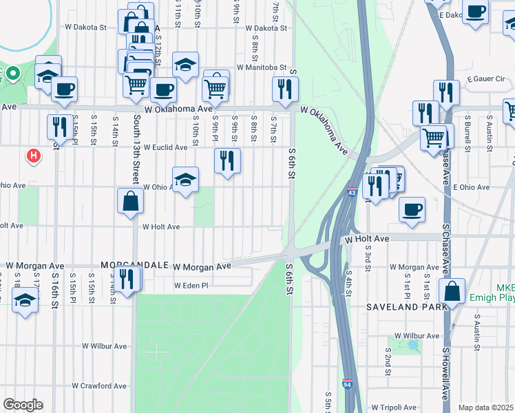 map of restaurants, bars, coffee shops, grocery stores, and more near 3329 South 7th Street in Milwaukee
