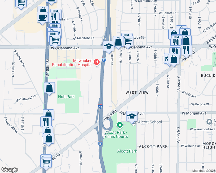 map of restaurants, bars, coffee shops, grocery stores, and more near 3317 South 100th Street in Milwaukee