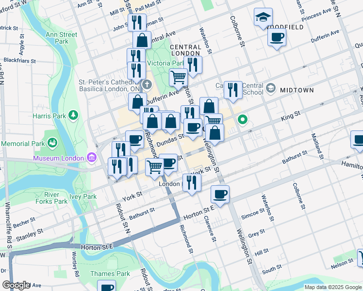 map of restaurants, bars, coffee shops, grocery stores, and more near 401 Clarence Street in London
