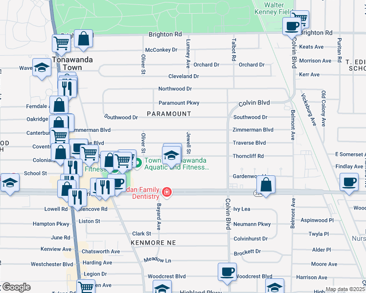 map of restaurants, bars, coffee shops, grocery stores, and more near 273 Traverse Boulevard in Buffalo