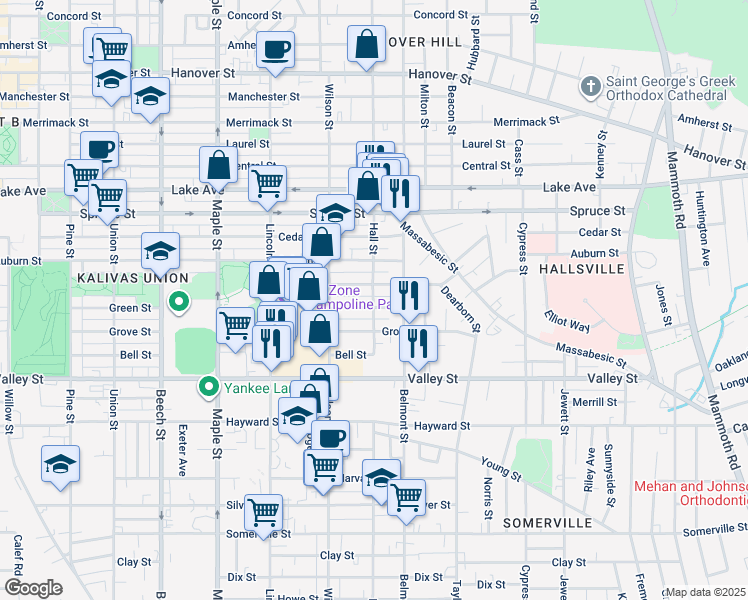 map of restaurants, bars, coffee shops, grocery stores, and more near 365 Hall Street in Manchester