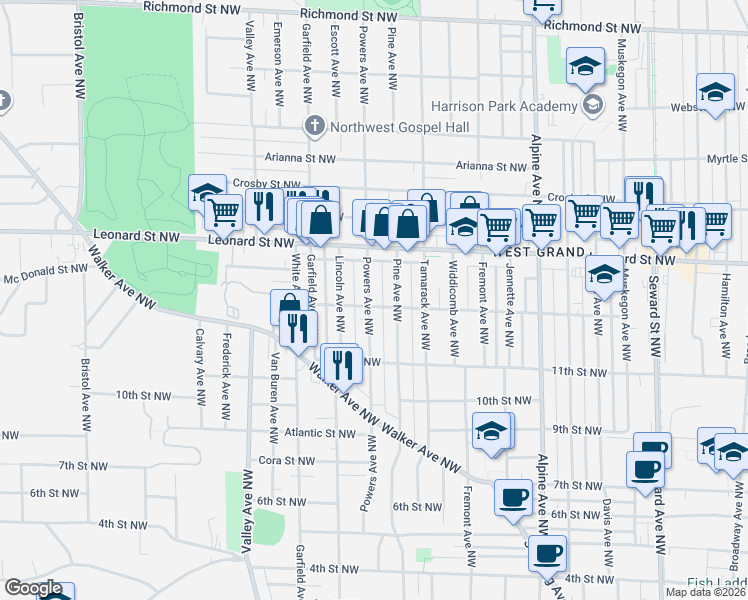 map of restaurants, bars, coffee shops, grocery stores, and more near 1114 Powers Avenue Northwest in Grand Rapids