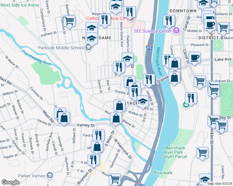 map of restaurants, bars, coffee shops, grocery stores, and more near 445 Granite Street in Manchester