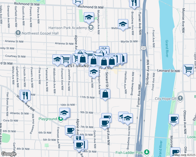 map of restaurants, bars, coffee shops, grocery stores, and more near 1115 Muskegon Avenue Northwest in Grand Rapids