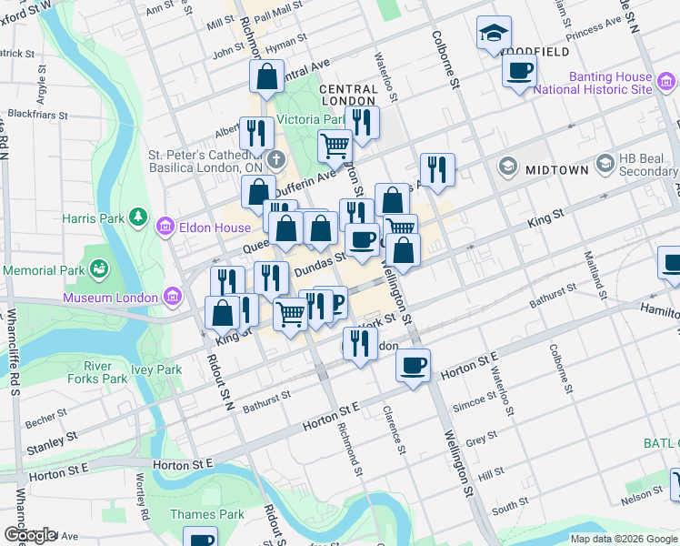 map of restaurants, bars, coffee shops, grocery stores, and more near 394 Clarence Street in London
