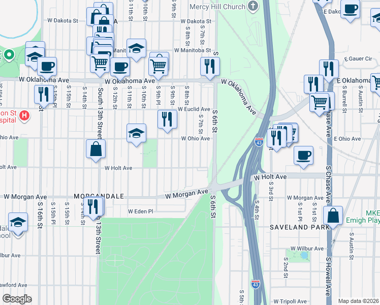 map of restaurants, bars, coffee shops, grocery stores, and more near 3329 South 7th Street in Milwaukee