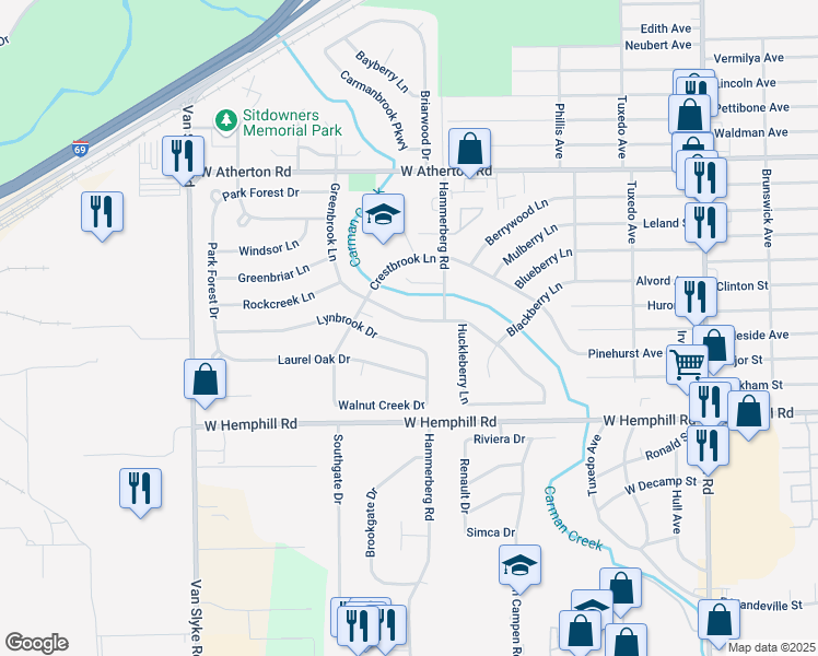 map of restaurants, bars, coffee shops, grocery stores, and more near 4402 Greenbrook Lane in Flint