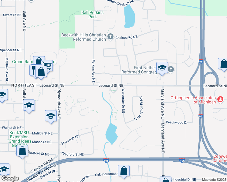 map of restaurants, bars, coffee shops, grocery stores, and more near 2100 Leonard Street Northeast in Grand Rapids