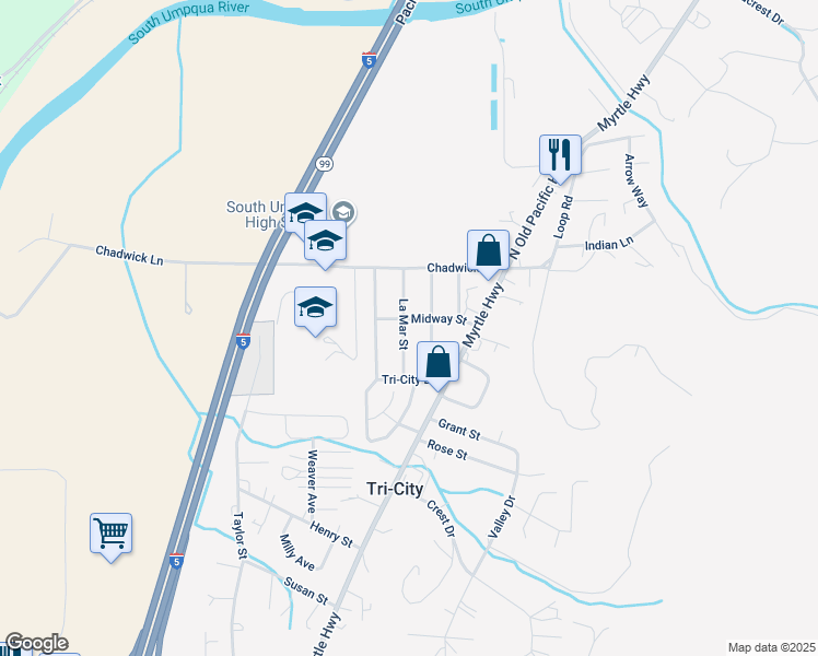 map of restaurants, bars, coffee shops, grocery stores, and more near 210 La Mar Street in Myrtle Creek