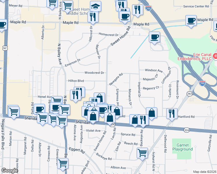 map of restaurants, bars, coffee shops, grocery stores, and more near 9 Newgate Road in Buffalo