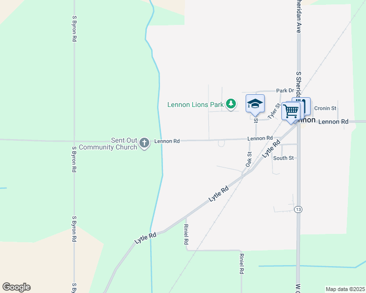 map of restaurants, bars, coffee shops, grocery stores, and more near 11410 Lennon Road in Lennon