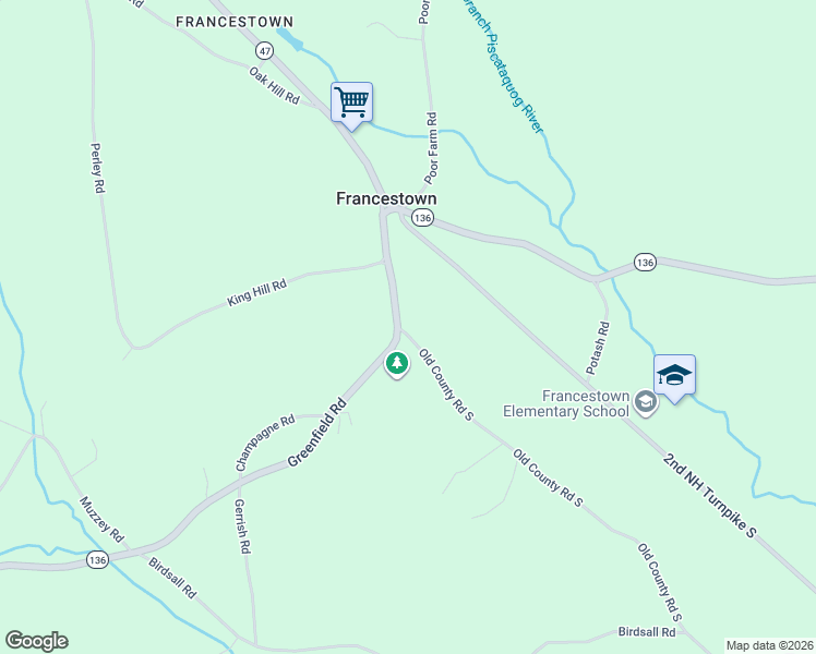 map of restaurants, bars, coffee shops, grocery stores, and more near 3 Old County Road South in Francestown