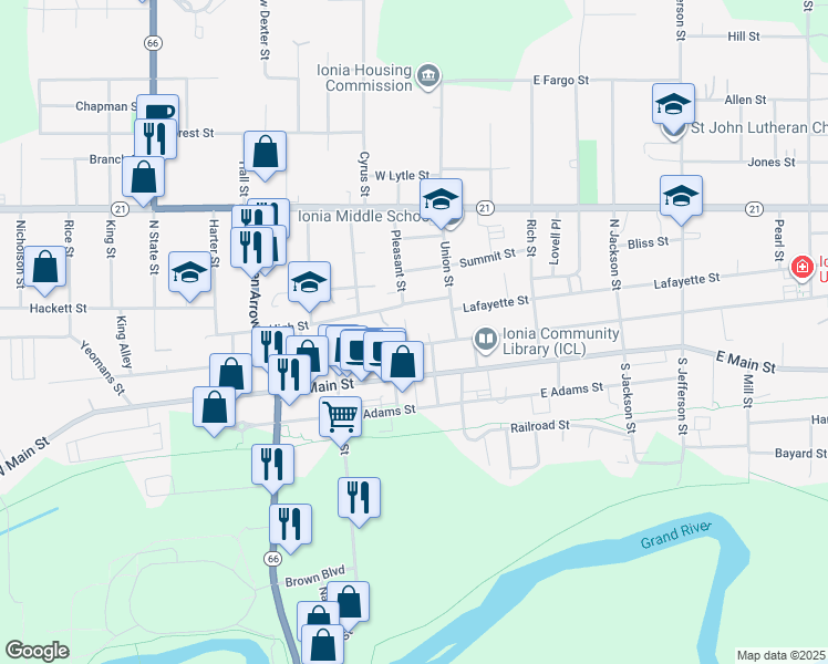 map of restaurants, bars, coffee shops, grocery stores, and more near 210 Pleasant Street in Ionia