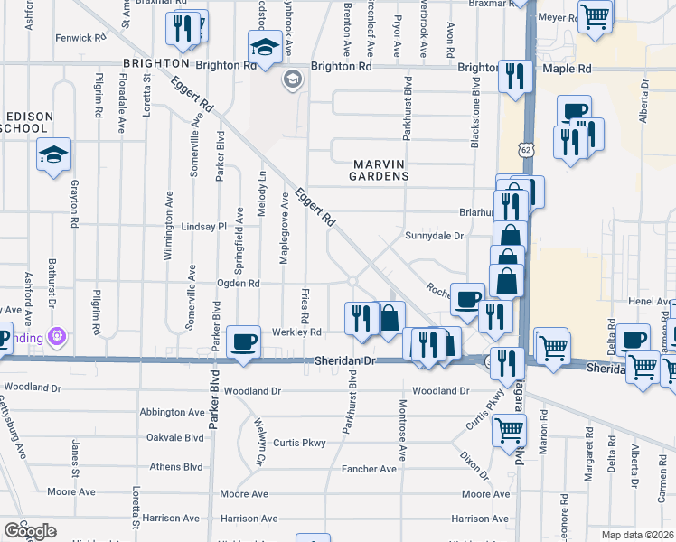 map of restaurants, bars, coffee shops, grocery stores, and more near 930 Parkhurst Boulevard in Tonawanda