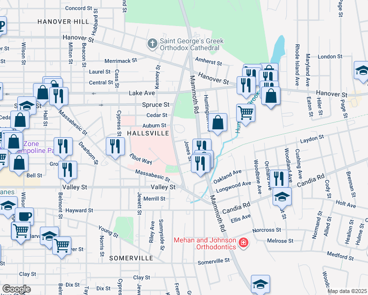 map of restaurants, bars, coffee shops, grocery stores, and more near 60 Jones Street in Manchester