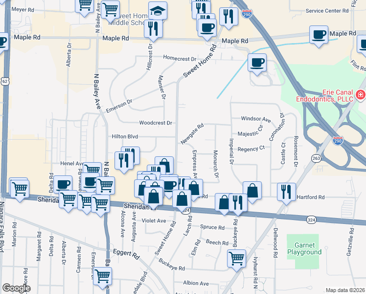 map of restaurants, bars, coffee shops, grocery stores, and more near 9 Newgate Road in Buffalo