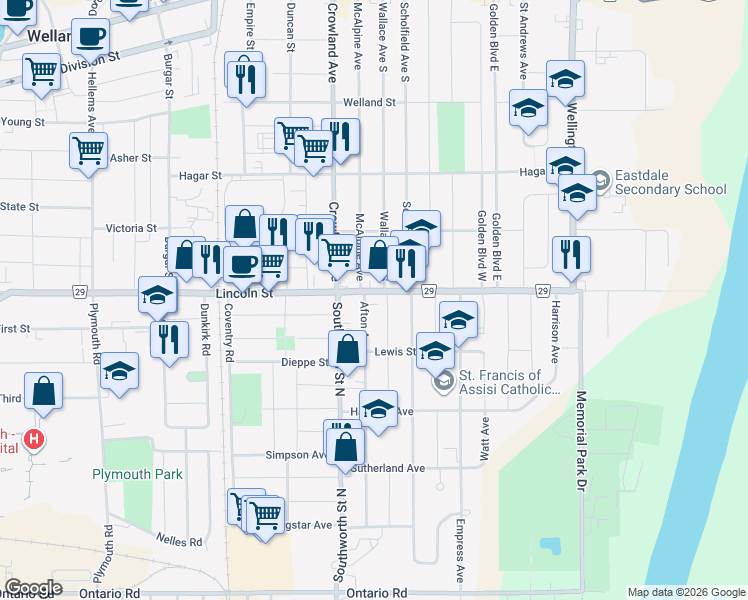map of restaurants, bars, coffee shops, grocery stores, and more near 5 Afton Avenue in Welland