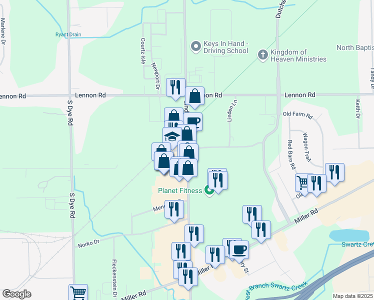 map of restaurants, bars, coffee shops, grocery stores, and more near 2500 South Linden Road in Flint
