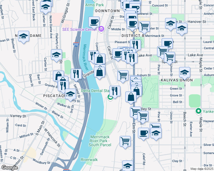 map of restaurants, bars, coffee shops, grocery stores, and more near 55 South Commercial Street in Manchester
