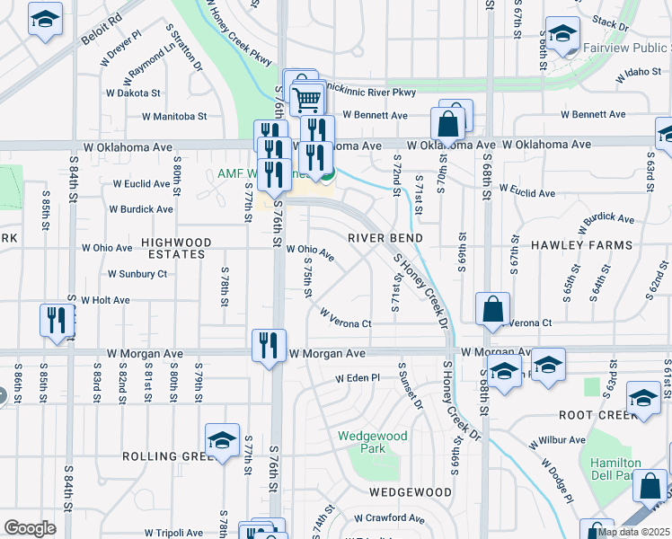 map of restaurants, bars, coffee shops, grocery stores, and more near 7413 West Ohio Avenue in Milwaukee