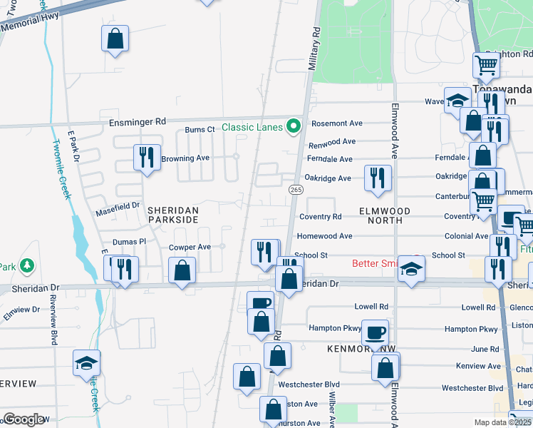 map of restaurants, bars, coffee shops, grocery stores, and more near 1720 Military Road in Buffalo