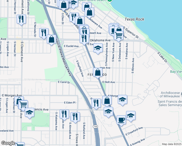 map of restaurants, bars, coffee shops, grocery stores, and more near 3328 South Springfield Avenue in Milwaukee