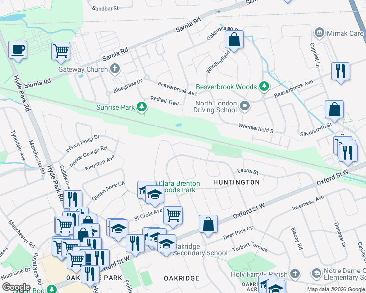 map of restaurants, bars, coffee shops, grocery stores, and more near 118 Meadowridge Road in London