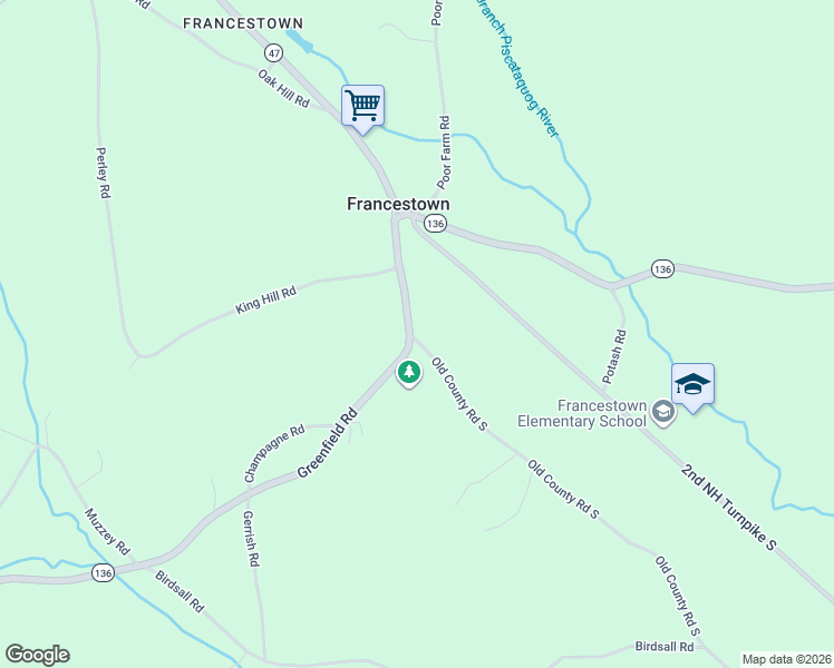map of restaurants, bars, coffee shops, grocery stores, and more near 3 Old County Road South in Francestown