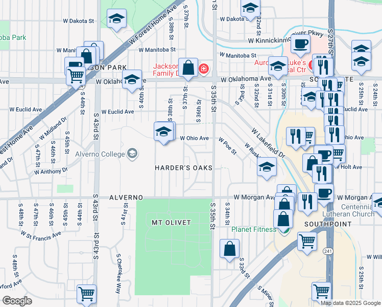 map of restaurants, bars, coffee shops, grocery stores, and more near 3345 South Princeton Avenue in Milwaukee