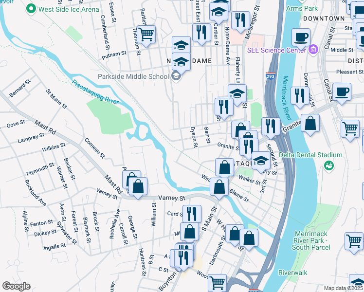 map of restaurants, bars, coffee shops, grocery stores, and more near 12 Quincy Street in Manchester