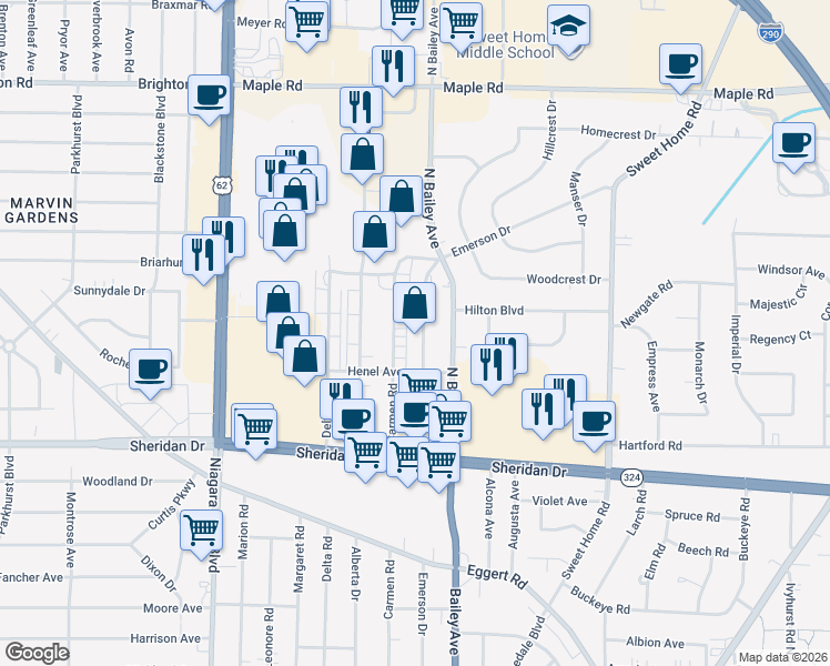 map of restaurants, bars, coffee shops, grocery stores, and more near 415 Carmen Road in Buffalo