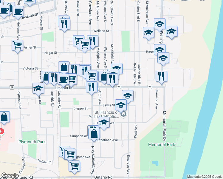 map of restaurants, bars, coffee shops, grocery stores, and more near 330 Scholfield Avenue South in Welland