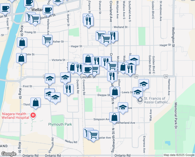 map of restaurants, bars, coffee shops, grocery stores, and more near 337 Regional Road 29 in Welland