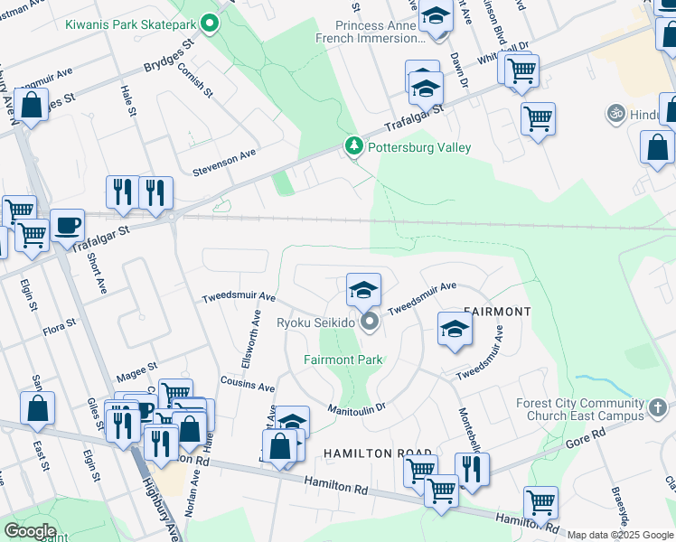 map of restaurants, bars, coffee shops, grocery stores, and more near 114 Queenston Crescent in London