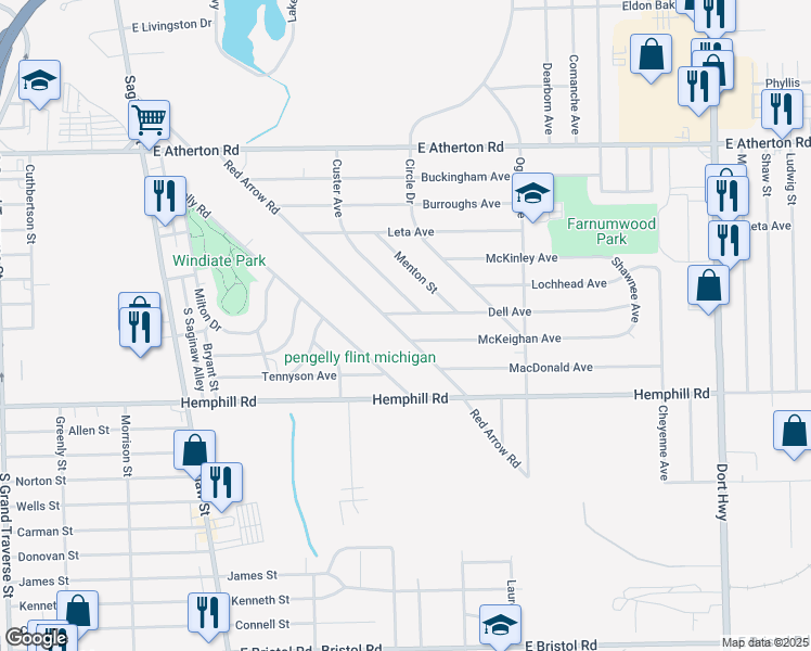 map of restaurants, bars, coffee shops, grocery stores, and more near 416 Dell Avenue in Flint