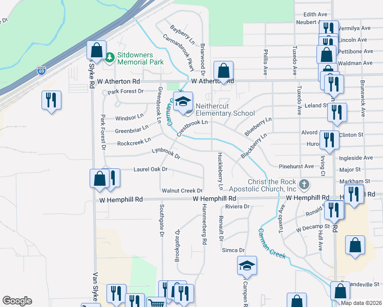 map of restaurants, bars, coffee shops, grocery stores, and more near 4402 Greenbrook Lane in Flint